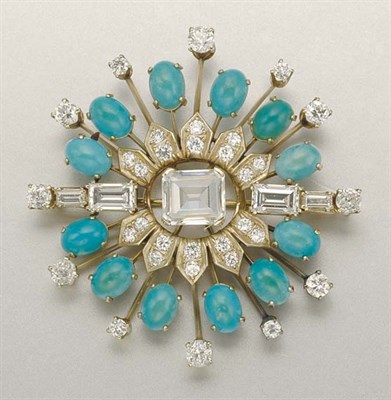 Lot 1037 - Diamond, Simulated Diamond and Turquoise Brooch