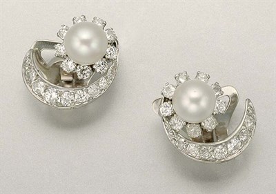 Lot 1039 - Pair of Cultured Pearl and Diamond Earclips