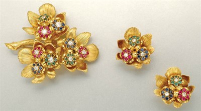 Lot 1025 - Gold, Diamond and Gem-Set Brooch and Pair of Earclips