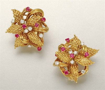 Lot 1028 - Pair of Gold, Ruby and Diamond Earclips
