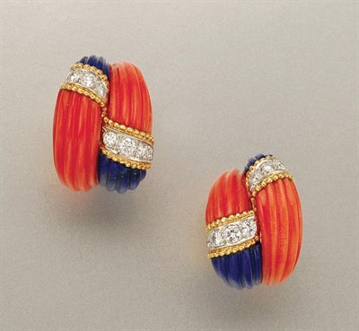Lot 1031 - Pair of Fluted Coral, Lapis and Diamond Bombe Earclips