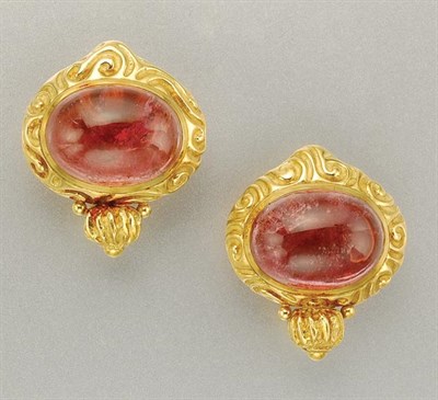 Lot 1133 - Pair of Gold and Cabochon Pink Tourmaline Earclips