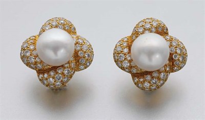 Lot 209 - Pair of Cultured Pearl and Diamond Earclips