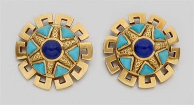 Lot 962 - Pair of Gold, Turquoise and Lapis Earclips