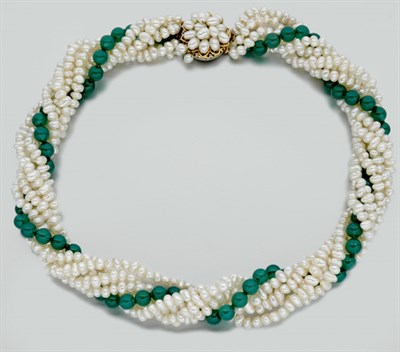 Lot 961 - Six Strand Biwa Pearl and Dyed Green Chalcedony Torsade Necklace