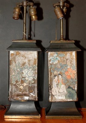 Lot 184 - Pair of Reverse Painted Glass Two-Light Lamps...