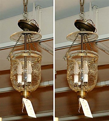 Lot 409 - Pair of Cut Glass Three-Light Hall Lanterns