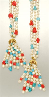 Lot 1010 - Triple Strand Semi-Baroque Cultured Pearl, Coral, Turquoise and Simulated Coral and Turquoise Bead Sautoir