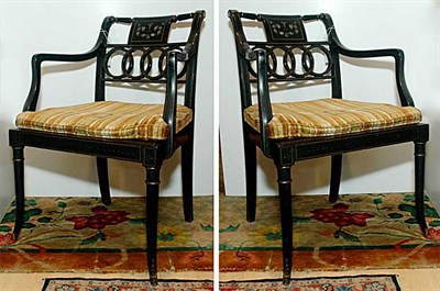 Lot 336 - Pair of Regency Style Painted and Caned Armchairs