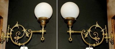 Lot 475 - Pair of Brass Sconces with Milk Glass Shades