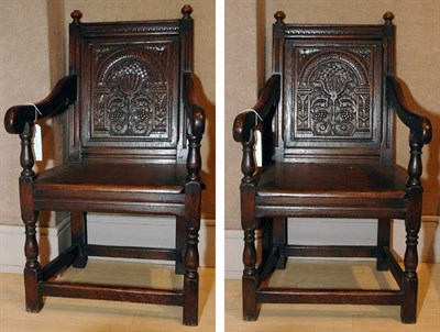 Lot 285 - Pair of Jacobean Style Carved Oak Armchairs