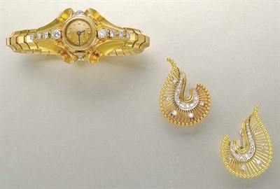 Lot 1055 - Gold and Diamond Wristwatch and Pair of Earrings
