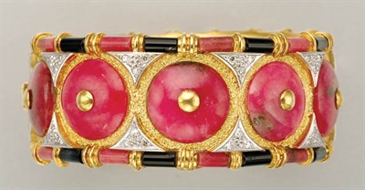 Lot 1068 - Gold, Rhodonite, Black Onyx and Diamond Cuff Bangle