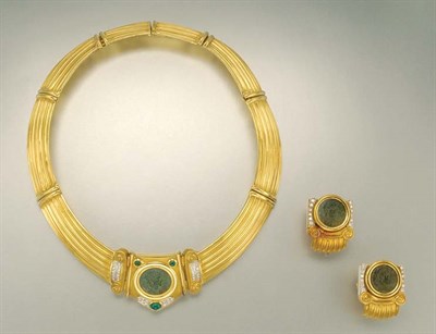 Lot 1069 - Gold, Coin, Emerald and Diamond Necklace and Pair of Earrings