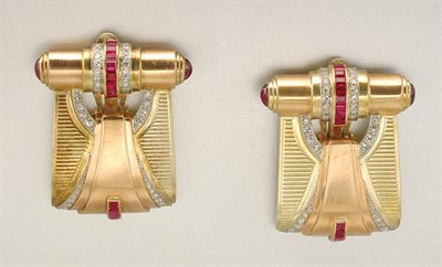Lot 1079 - Pair of Two-Color Gold, Ruby and Diamond Earclips
