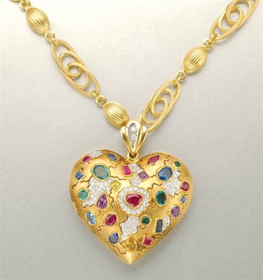 Lot 1080 - Gold, Gem-Set and Diamond Heart Pendant with Chain