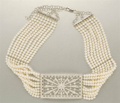 Lot 1177 - Multistrand Cultured Pearl and Diamond Choker Necklace