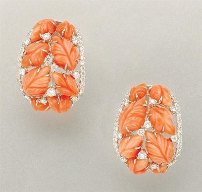 Lot 1093 - Pair of Carved Coral and Diamond Earrings