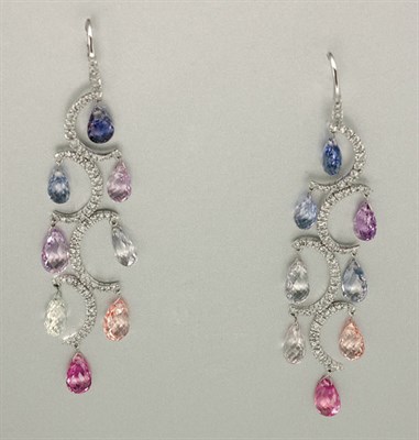 Lot 1211 - Pair of Diamond and Multicolored Sapphire Pendant Earrings