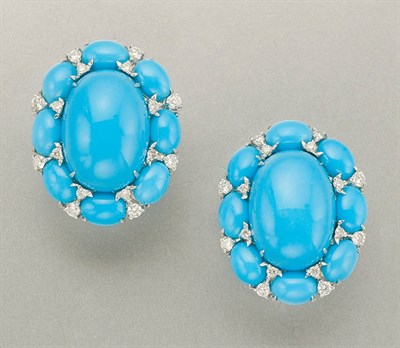Lot 1164 - Pair of Turquoise and Diamond Earrings