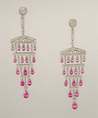 Lot 1195 - Pair of Pink Sapphire and Diamond Pendant Earrings