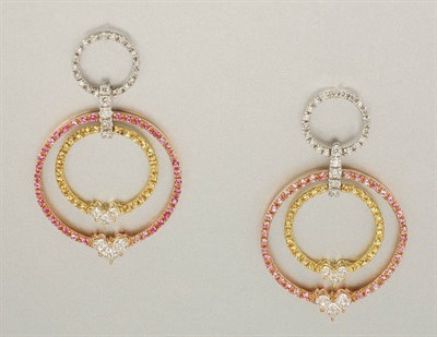 Lot 1182 - Pair of Tricolor Gold, Diamond and Pink and Yellow Sapphire Pendant Earrings