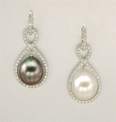 Lot 1091 - Pair of Black and White Cultured Pearl and Diamond Pendant Earrings