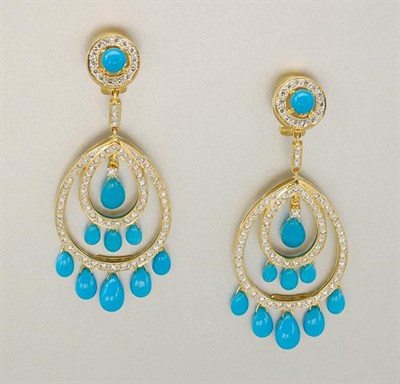 Lot 1076 - Pair of Gold, Turquoise and Diamond Pendant Earrings