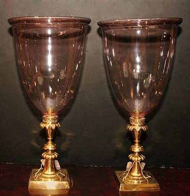 Lot 336 - Pair of Brass Candlesticks with Tinted Glass...