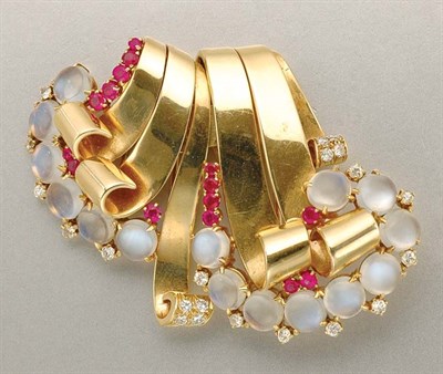 Lot 1433 - Gold, Moonstone, Ruby and Diamond Double Clip Brooch