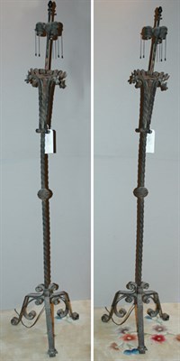 Lot 4114 - Pair of Continental Wrought Iron Three-Light...
