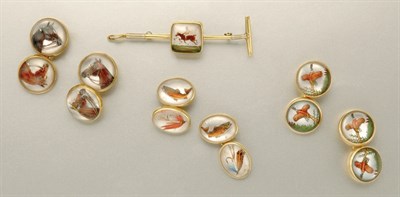 Lot 1120 - Three Pairs of Gold and Reverse Crystal Intaglio Cufflinks and Pin