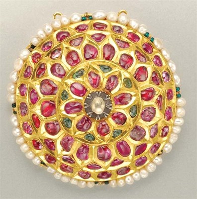 Lot 1086 - Indian Gold, Foiled Back Diamond and Ruby and Pearl Pendant