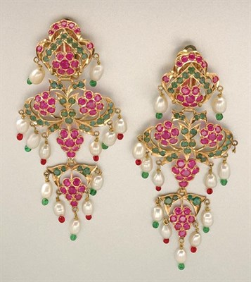 Lot 1022 - Pair of Gold, Ruby, Emerald, Biwa Pearl and Glass Bead Pendant Earclips