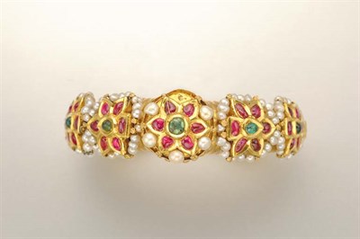 Lot 1117 - Indian Gold, Foiled Back Ruby and Emerald and Pearl Bangle