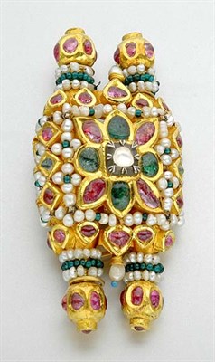 Lot 1168 - Indian Gold, Foiled Back Ruby, Emerald, Diamond, Pearl and Glass Bead Brooch