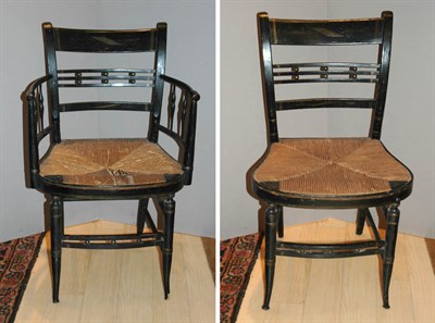 Lot 2288 - Set of Six Black Painted and Decorated Rush...