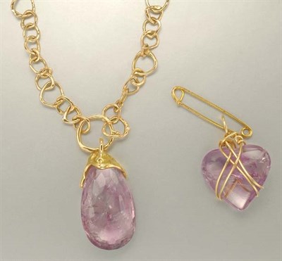 Lot 1074 - Gold and Amethyst Pendant Necklace and Brooch