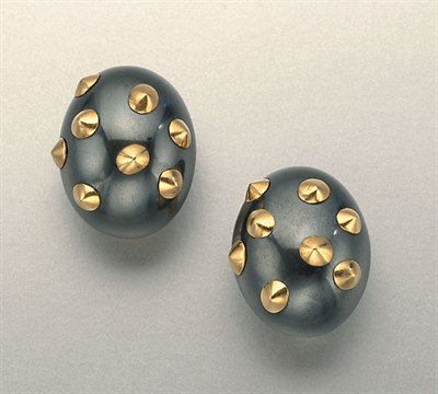 Lot 1128 - Pair of Gold and Hematite Earclips