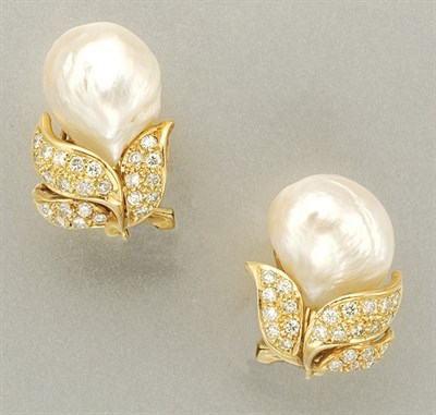 Lot 1201 - Pair of Baroque Freshwater Pearl and Diamond Earclips