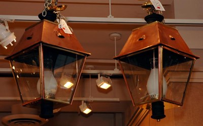 Lot 511 - Pair of Copper and Glass Hanging Lanterns