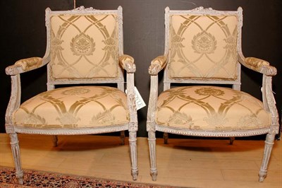 Lot 592 - Pair of Louis XVI Style Gray Painted Fauteuils...