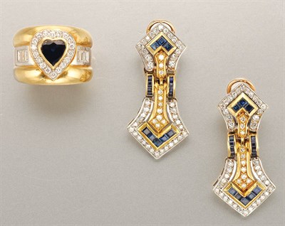 Lot 1094 - Pair of Sapphire and Diamond Earrings and Ring