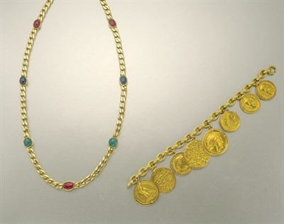 Lot 1202 - Gold Charm Bracelet and Gold and Gem-Set Chain Necklace