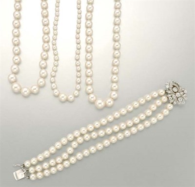Lot 1023 - Three Cultured Pearl Necklaces and Bracelet