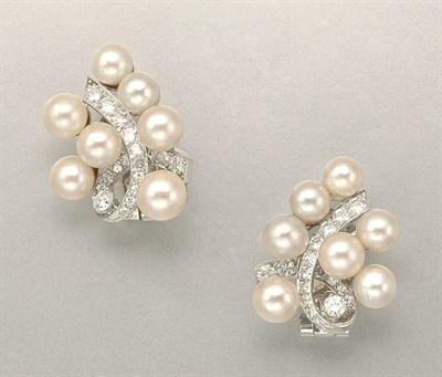 Lot 1206 - Pair of Cultured Pearl and Diamond Earclips