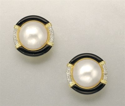 Lot 1208 - Pair of Mabe Pearl, Black Onyx and Diamond Earclips