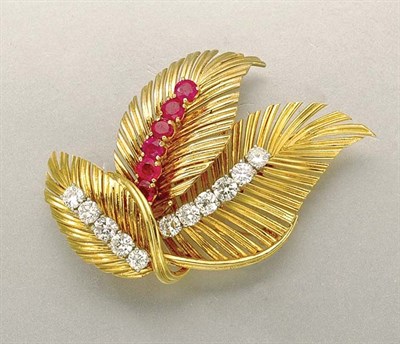 Lot 1207 - Gold, Ruby and Diamond Leaf Brooch