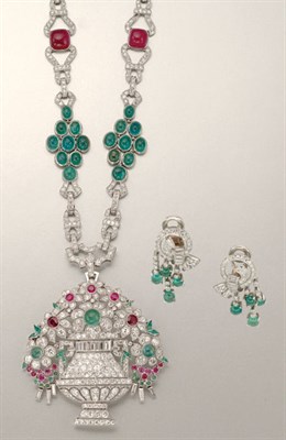 Lot 1480 - Art Deco Platinum, Diamond, Emerald and Ruby Pendant Necklace and Pair of Earrings