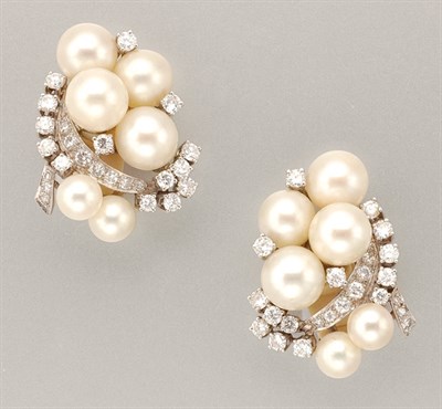 Lot 1319 - Pair of Cultured Pearl and Diamond Earclips